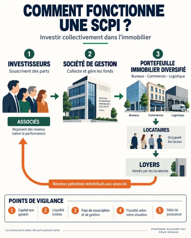 Infographie du mécanisme d'une SCPI pour comprendre un avis SCPI