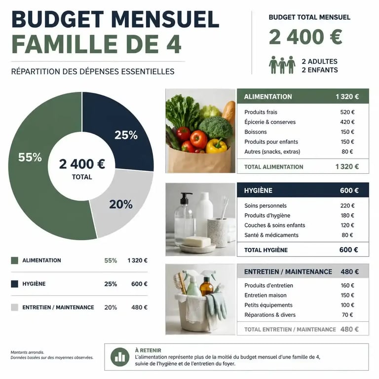 Répartition mensuelle du budget courses pour une famille de quatre personnes
