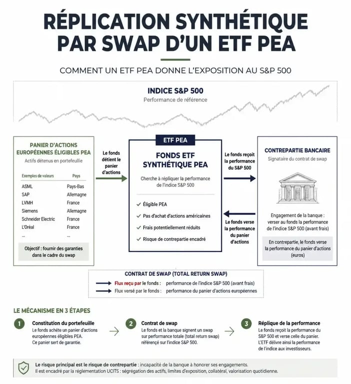 Schéma du mécanisme de réplication synthétique du Lyxor PEA S&P 500 devenu Amundi PSP5