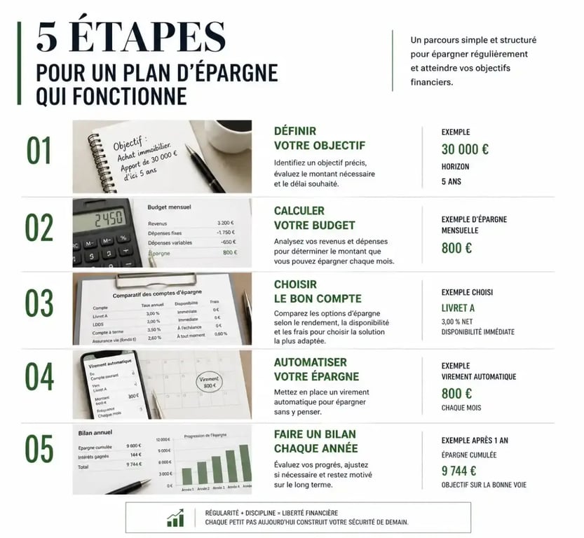 Frise visuelle des 5 étapes pour démarrer un plan d'épargne