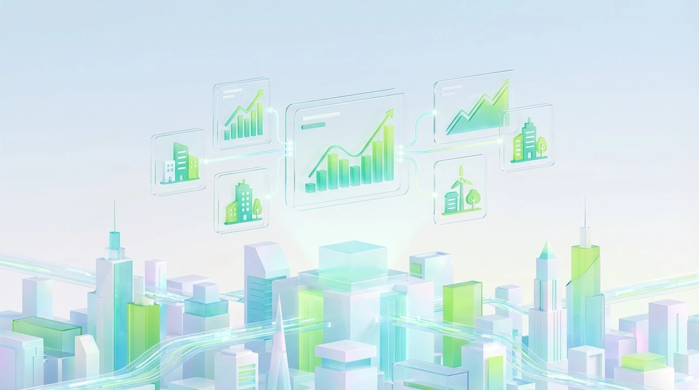 Interface utilisateur isométrique 3D montrant des graphiques de croissance verte