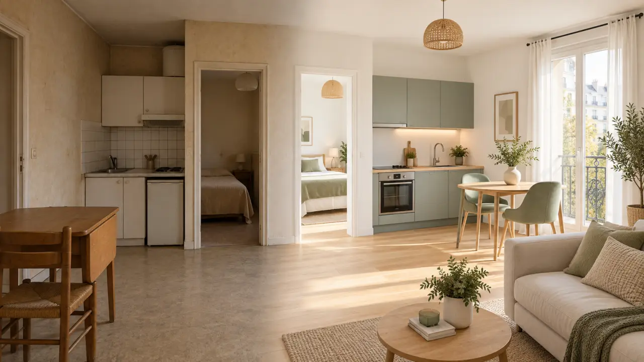 Avant et après la rénovation d'un appartement T2 destiné à la location