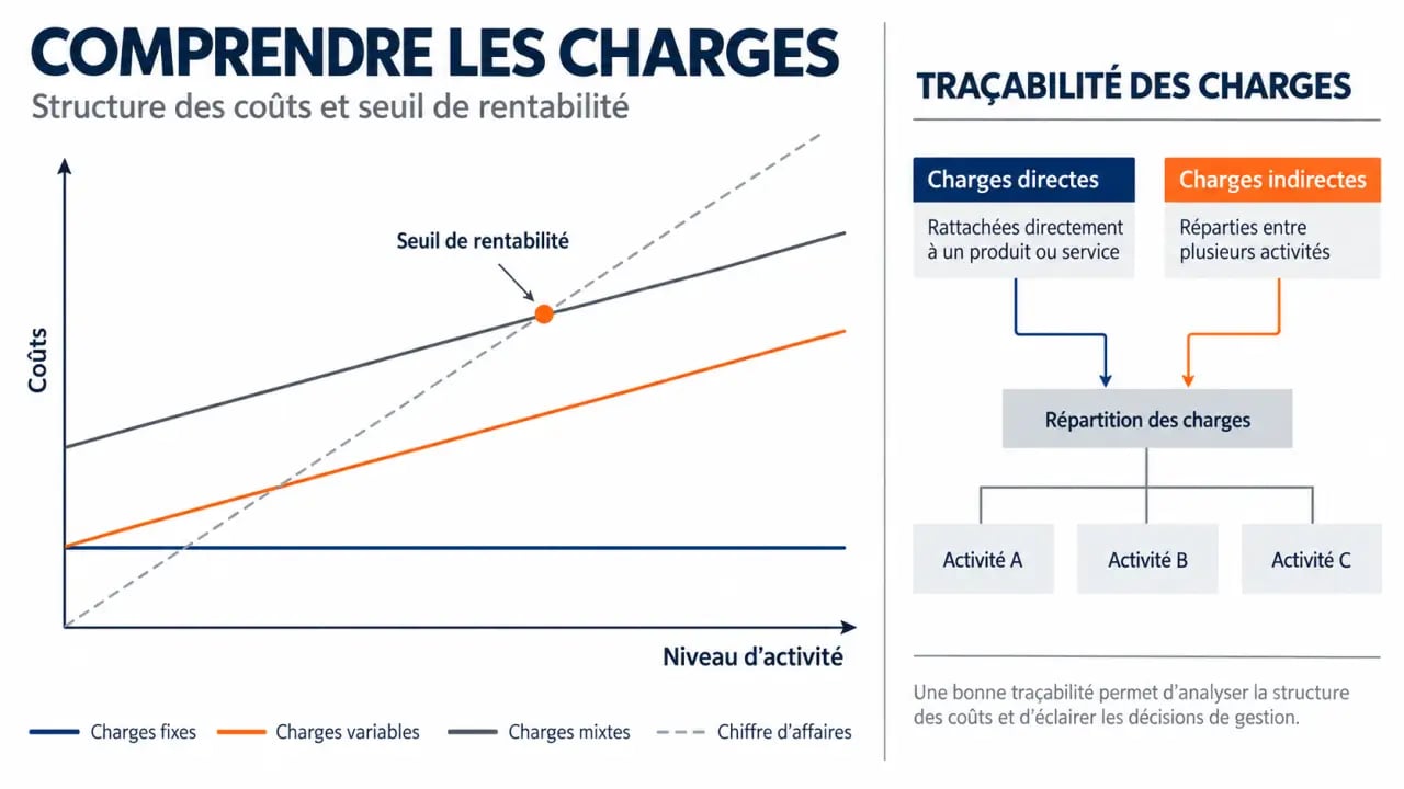 Charges fixes et variables : graphique du seuil de rentabilité et distinction entre charges mixtes, directes et indirectes