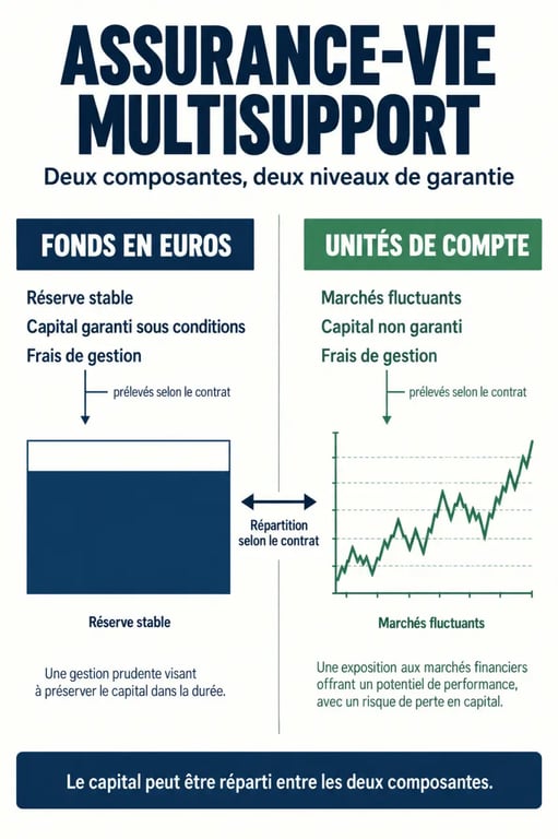 Infographie sur l'assurance vie Mutavie : fonds en euros, unités de compte et frais de gestion