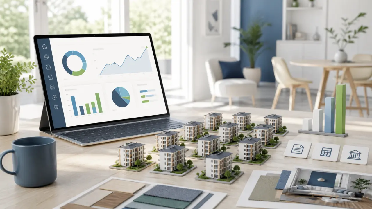 Interface moderne de suivi immobilier avec indicateurs financiers et graphiques de performance
