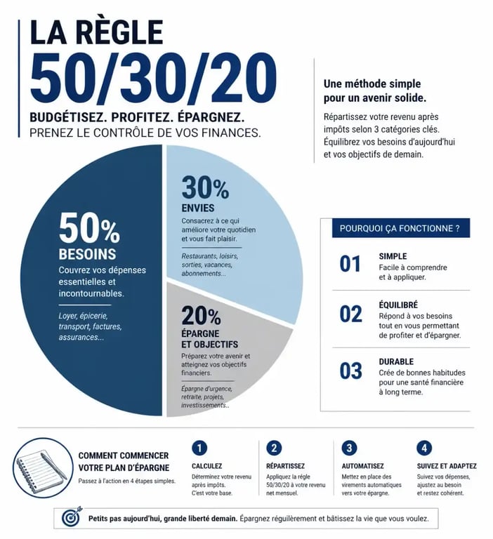 Infographie de la règle budgétaire 50/30/20 pour démarrer un plan d'épargne