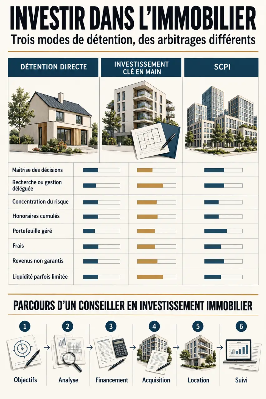 Infographie sur le conseiller en investissement immobilier et les différences entre détention directe, clé en main et SCPI