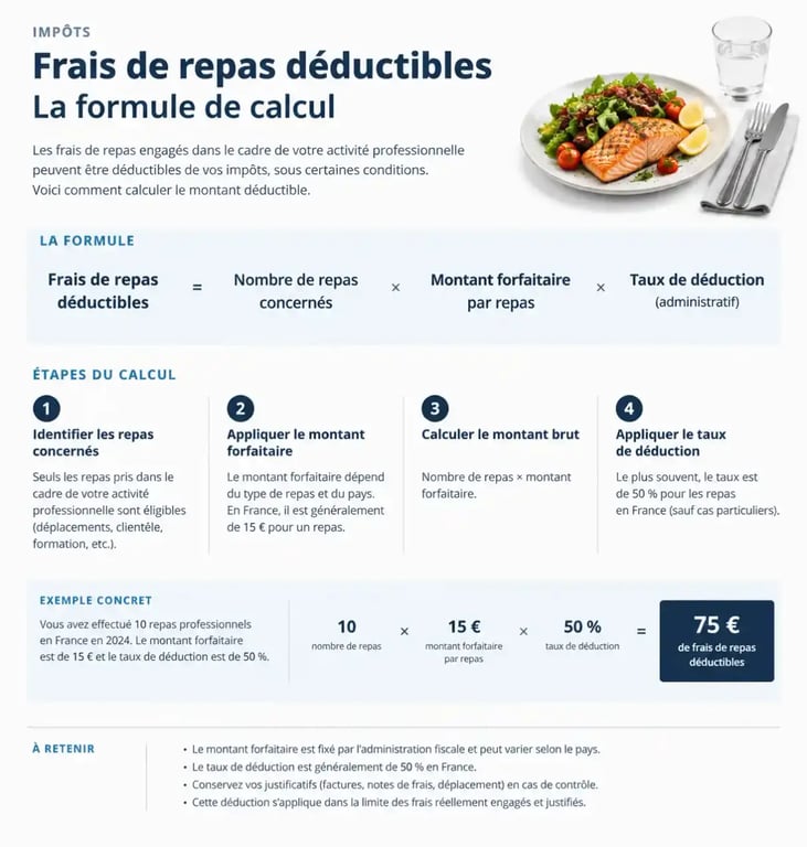 Infographie expliquant le calcul des frais de repas déductibles pour la déclaration d'impôts
