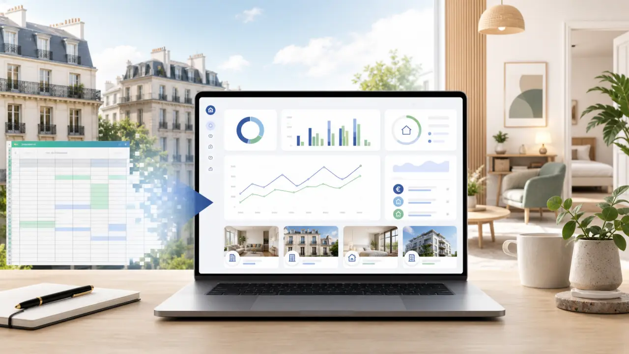 Interface moderne de gestion immobilière affichant loyers, cash-flow et indicateurs fiscaux