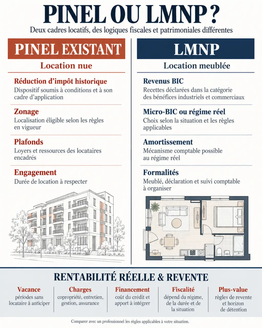 Infographie comparative Pinel ou LMNP sur la fiscalité, la location et la revente