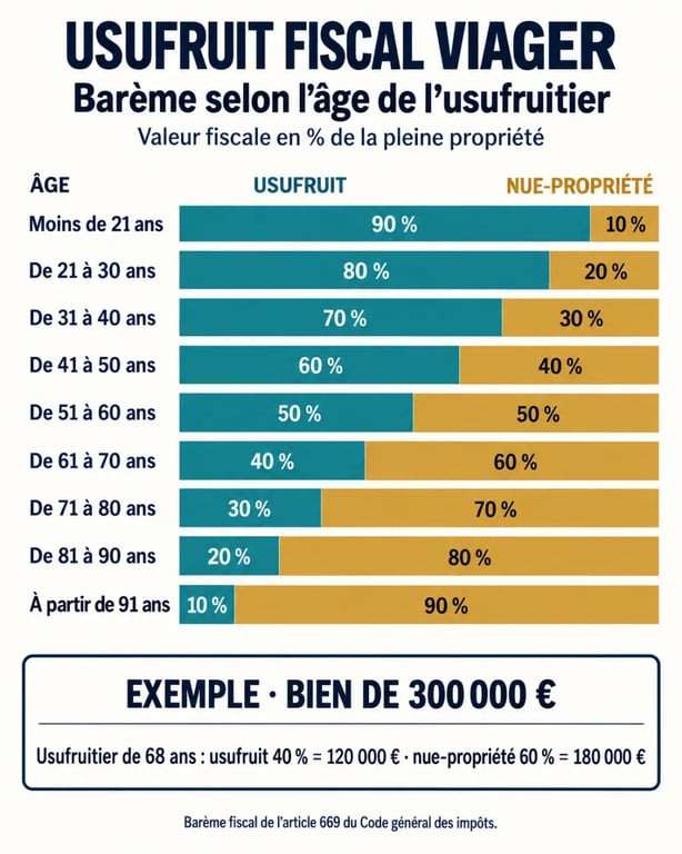 Infographie du barème de l’usufruit fiscal selon l’âge de l’usufruitier