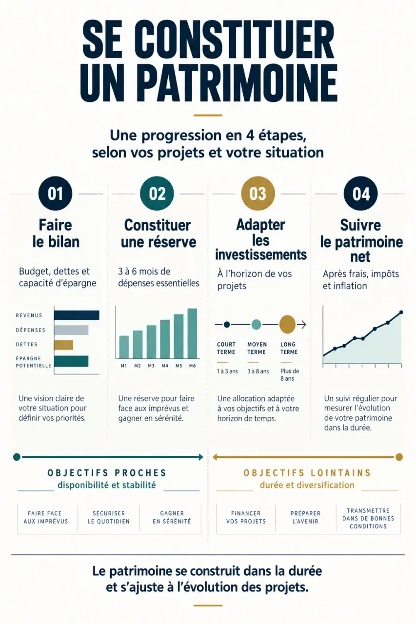 Infographie pour se constituer un patrimoine avec budget, épargne de précaution et investissements