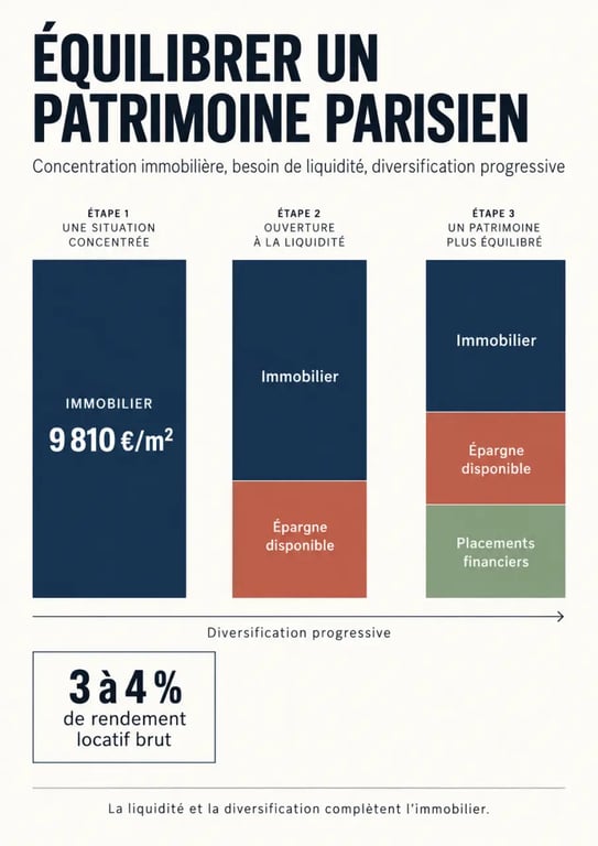 Infographie sur le conseiller en investissement financier à Paris et l’équilibre entre immobilier, liquidité et placements