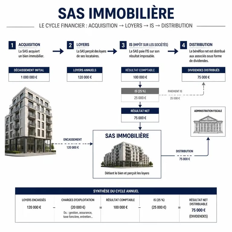 Schéma du circuit financier et fiscal d'une SAS immobilière