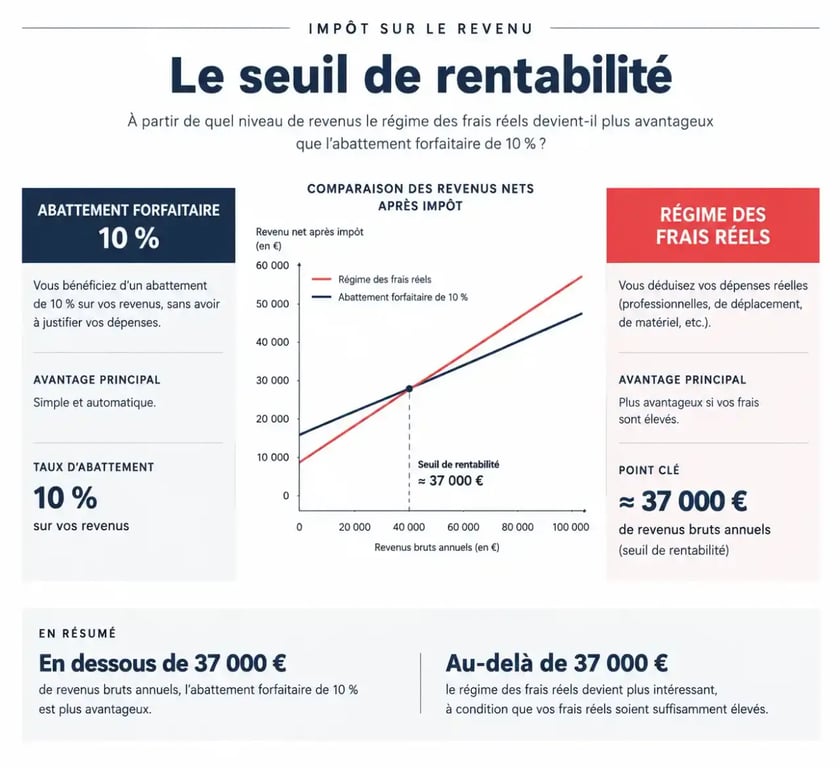 Comparatif visuel entre abattement 10% et frais réels pour la déclaration d'impôts