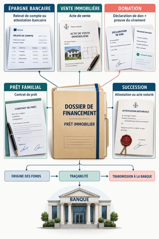 Infographie des justificatifs d’épargne selon l’origine de l’apport immobilier