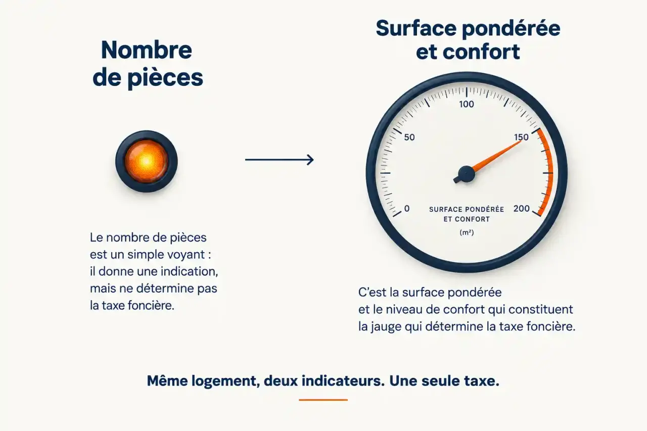 Schéma expliquant l'effet du nombre de pièces du logement sur l'impôt : le nombre de pièces est un voyant, la surface pondérée est la jauge de la taxe foncière